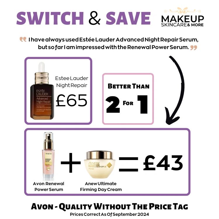 Visual showing price difference between estee lauder night repair & Avon renewal Power Serum Visual showing price difference between estee lauder night repair & Avon renewal Power Serum
