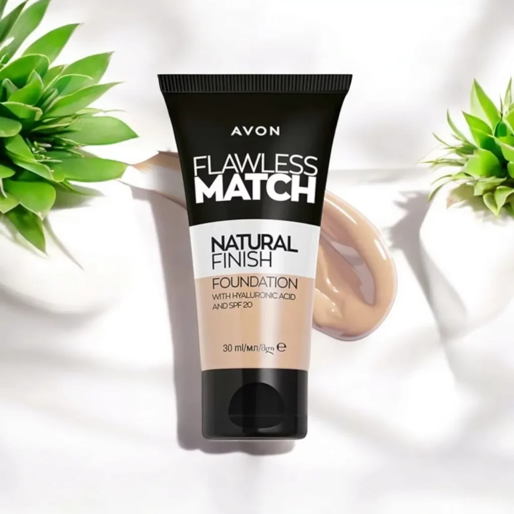 Avon Flawless Match Natural Finish Foundation on a silk white background