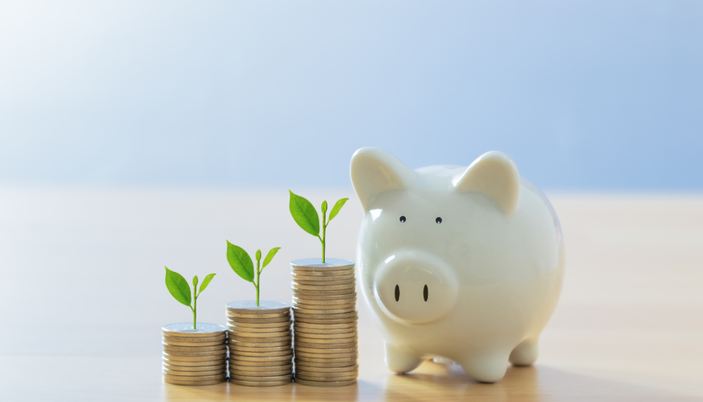 A growing pile of money with a piggy bank. How to earn extra money from home? Join Avon.